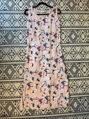 Sleeveless LinenMaxi Dress in Blush Floral Pattern Gathered in Back